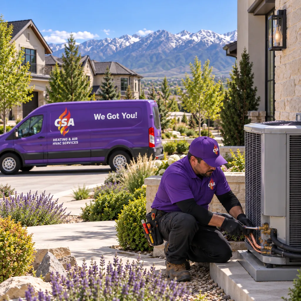 HVAC contractor installing rooftop unit near Orem Utah Temple neighborhood home