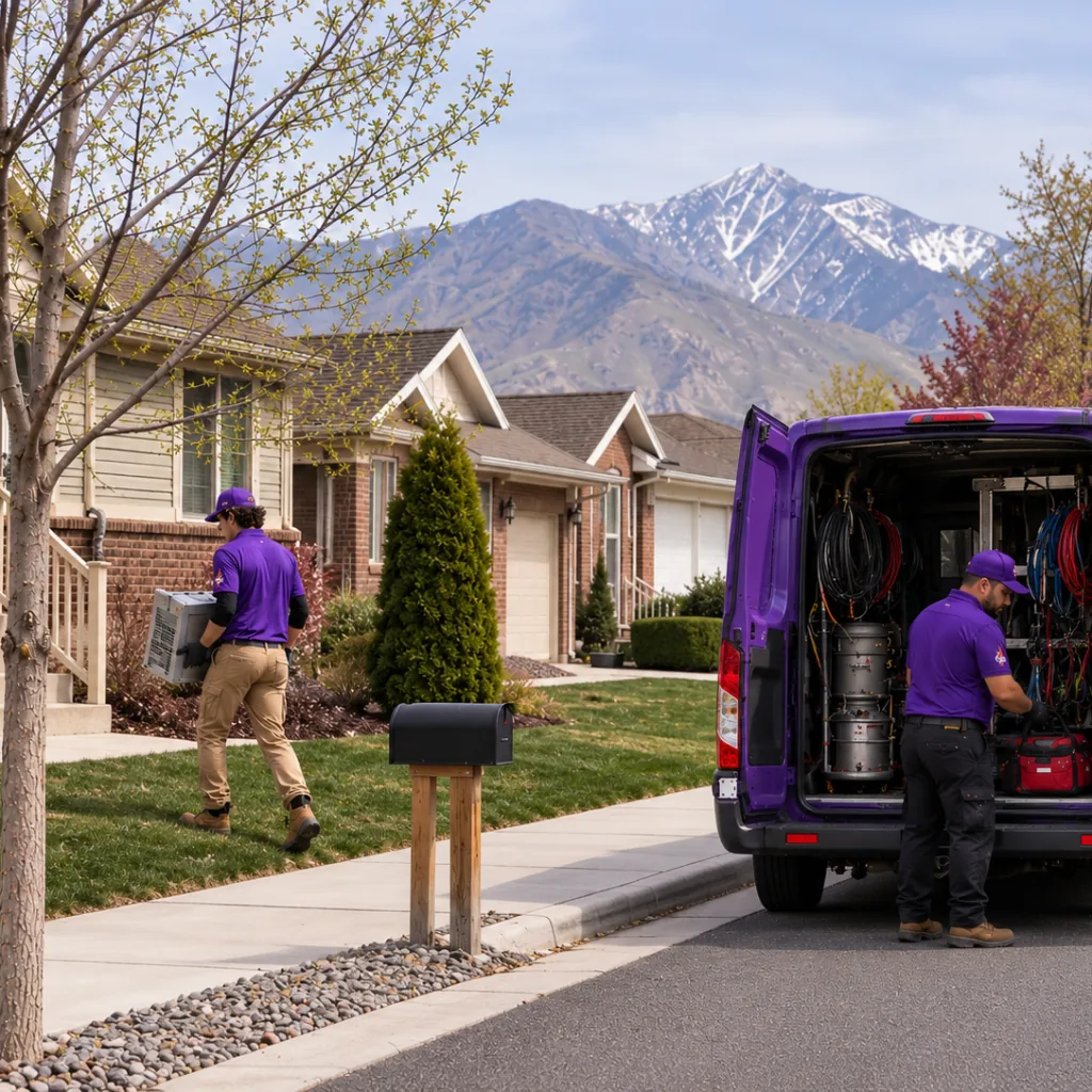 hvac-service-van-orem-residential-street-neighborhood HVAC service van on residential Orem street near business park office