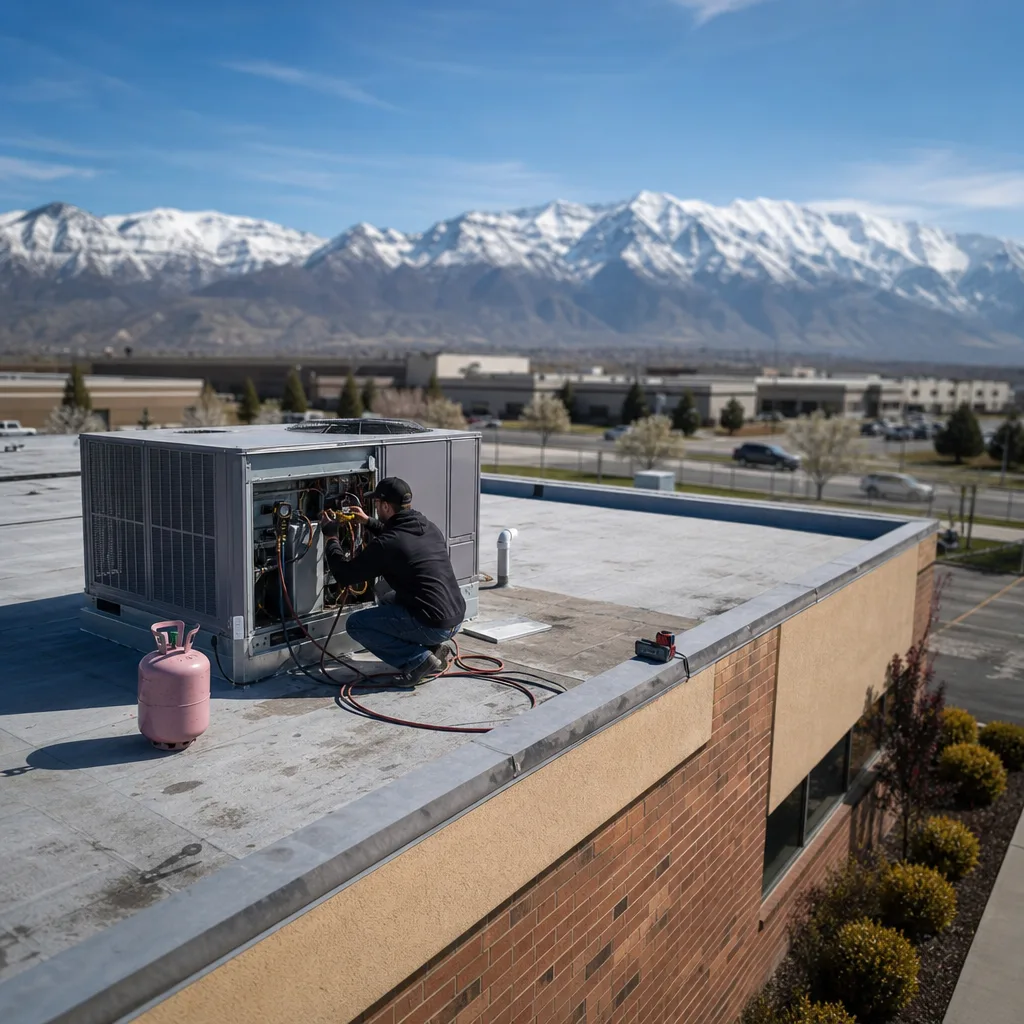 HVAC technician installs rooftop unit at Orem business park near Utah Valley University