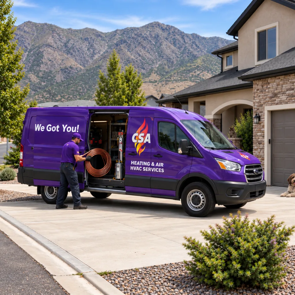 HVAC service van parked at Orem home near Utah Valley University for installation